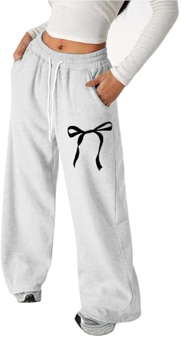 Generisch 2026 Pantalon de jogging ample avec nœud pour filles, légère pantalon de sport à jambe droite avec poches - Ensemble de sport - Pantalons pour filles, Blanc., 12-13 ans
