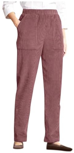 Pantaloncini in corduroy da donna a vita alta da lavoro, pantaloni dritti a vita alta con coulisse elastica e tasche, Rosso, 3XL