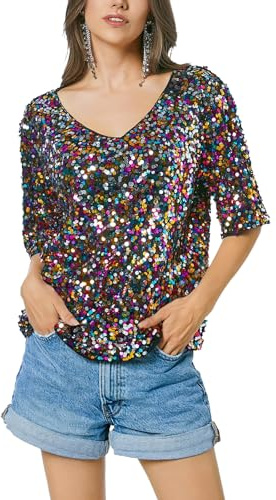 Damen Pailletten Oberteil V-Ausschnitt Glitzer Tops Kurzarm Party Bluse T-Shirt Freizeit Sommer Cocktail Club Night Outfits