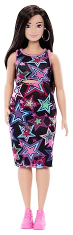 Barbie Fashionistas bambola Style #251 con capelli castani | Con abito multicolore con stampa a stelle, sneakers rosa, JJN64