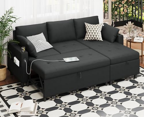 JFHID Black Sleeper Sofa, 83.5'' Sofa Bed Pull Out Couch with Reversible Storage Chaise, Sectional Couches with USB Charging Ports&Cup Holders for Living Room, Linen, Black