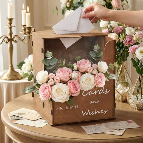 Fayavoo Rustic Wooden Wedding Card Box with Mirror Flower Holder, Brown Wedding Card Holder with Slot, Cards and Wishes Box for Mr & Mrs, Wedding Reception Decorations UK