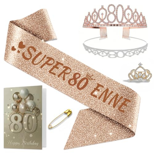 NEONSKY Fascia Compleanno Donna con Corona e Spilla Mini Corona, Set Regalo Elegante per 18 21 30 40 50 60 70 80 Anni, Include Fascia Personalizzata, Corona, Biglietto con Busta Kraft (80 anni)