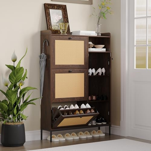 RBFGYIOP Scarpiera salvaspazio in rattan con 3 cassetti ribaltabili – Ripiani regolabili – Maniglia in metallo – Design moderno per ingresso e corridoio – Facile da montare – Colore ciliegio scuro