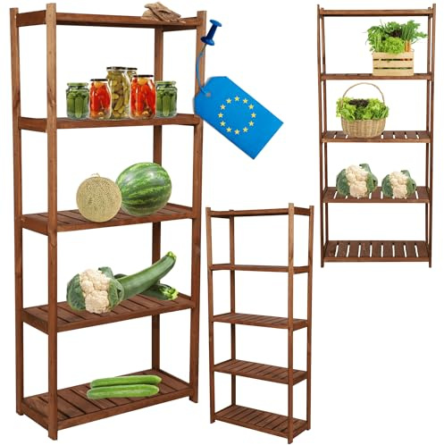 MODO24 Holzregal 162,6x70x33cm mit 5 Fachböden, massives Kiefernholz Standregal, vielseitiges Allzweckregal Haushaltsregal & Vorratsregal für Keller Küche Speisekammer Büro, Ordnungssystem, Braun