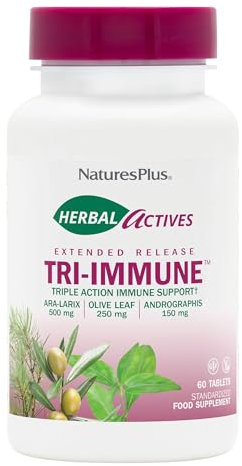 NaturesPlus Herbal Actives Tri Immune - Triple Action Immune Support Supplement - Zinc and Vitamin C, Olive Leaf, Arabinogalactans, Andrographis - Vegetarian, Gluten Free - 60 Tablets