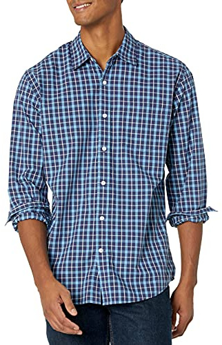 Amazon Essentials Men's Långärmad ledig poplinskjorta med normal passform, Blå Rutig, M