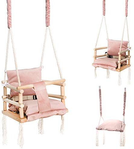 ISO TRADE Babyschaukel Kinderschaukel Holz Stoff Babysitz Baby Schaukel zum Aufhängen 3 in 1 Rosa Grau 8336 , Farbe:Rosa/ pink