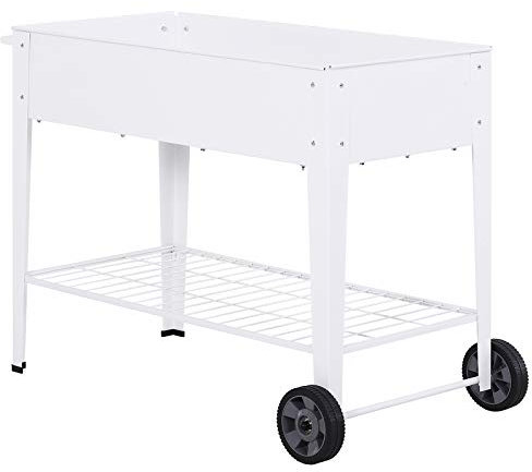 Outsunny Hochbeet, Mobiler Pflanzenwagen mit Stauraum, Pflanzenbeet mit 2 Rollen, Metall, Weiß, 112 x 59 x 80 cm