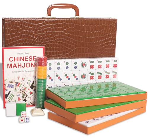 GUSTARIA Chinese Mahjong Set, Mahjong Game Set with 146 Numbered Large Tiles (1.5, Green), Mahjong Tiles Set with Brown Carrying Case
