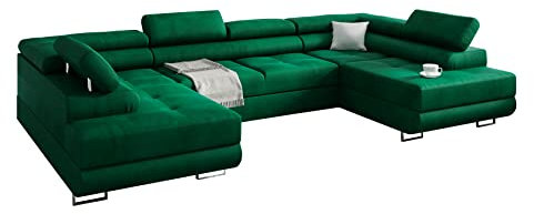 Ecksofa MIAMI U eckcouch mit schlaffunktion und bettkasten, U Form Couch, Eckcouch mit schlaffunktion, Ecksofa mit Bettkasten, wohnlandschaft xxl, 338 x 203 cm (Hochwertiger Stoff) (Grün)
