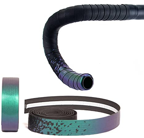 Lywencom Nastro per manubrio da bicicletta, confortevole antiscivolo e smorzante, traspirante, delicato tocco sfumato, in schiuma EVA, autoadesivo, con 2 tappi per barre(Sfumatura verde-viola)