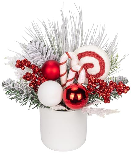 30cm Klein Weihnachten Deko Pflanzen im Topf, Künstliche Weihnachten Tabletop Deko im topf Keramik mit Beeren,Kiefernzapfen, Kugeln Bänder für Weihnachts deko Neujahr Ornamente Haus Büro Küche Desktop