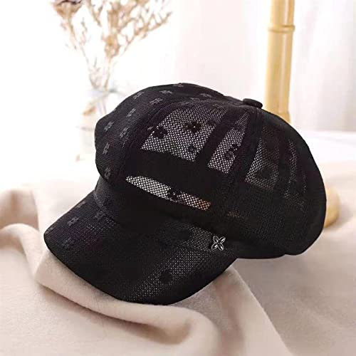 tcax Baskenmütze Damen Frauen-Barett-Kappen Mit Spitze-Blumen-Festen Zeitungsjungen-Kappen-Sommer-Achteckiger Hut Für Damen Weiß Schwarz, Schwarz, 56-58Cm