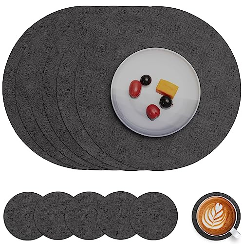 Myir JUN Tischsets abwaschbar Leder und Untersetzer doppelseitig Platzset | Platzset Rund Ø 36cm 6er Set rutschfest Glasuntersetzer Platzdeckchen Kunstleder Tischset (Grau, 6er Set)