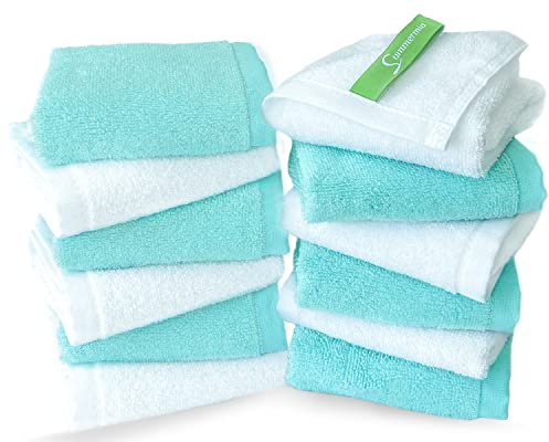 SUMMERMIA Lot de 12 débarbouillettes en Bambou 33 x 33 cm - Débarbouillettes Douces pour Votre Serviette de Visage, débarbouillettes pour Votre Corps (Blanc + Sarcelle)