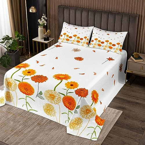 Manfei Orange gelbe Blume Bettwäsche Set S Größe Herbst Botanische Tagesdecke Kinder Mädchen Erwachsener Raum Dekor,Chrysantheme Garten Floral Tröster Set Vintage Skizze Dahlie Coverlet Quilt,weiß