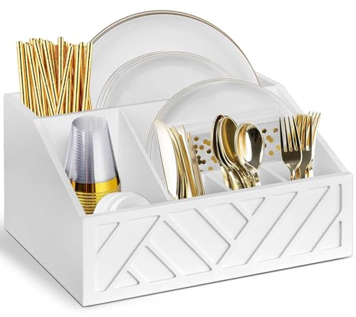 Ukonvi Paper Plate Dispenser, Paper Plate Holder for Kitchen Counter, Wood Rustic Silverware Utensil Caddy, Cutlery Flatware Organizer Box for Cups Spoons Forks Plates Napkins, Kitchen Accessories