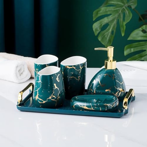 XYQXYQ Grünes Badezimmerzubehör-Set, Badezimmerdekoration in Gold-Marmor-Look, Modernes 6-teiliges Badezimmerzubehör-Set, Komplett mit Seifenspender, Zahnbürstenhalter, Zahnbecher, Ablageplatte