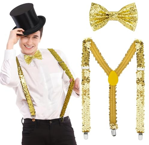 BOFUNX Ensemble de Noeud Papillon Paillettes et Bretelles Paillettes avec élastiques,Hommes Femmes Accessoires de Costume pour Carnaval,Fête à Thème ou JGA-Or