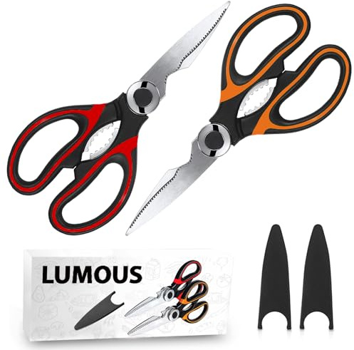 GILORRA 2Pcs Kitchen Scissors Sharp Heavy Duty Kitchen Scissors Stainless Steel Multipurpose Utility Scissor Kitchen Shears for Chicken Meat Scissors UK Dishwasher Safe (2 X Red/Black+Orange/Black
