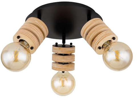 Deckenleuchte Deckenlampe Spotleuchte Holzlampe Holzleuchte, Spots beweglich 3 Flammig, Metall schwarz Holz natur, E27 Fassungen, DxH 28x17,5cm