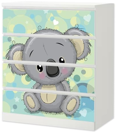 Möbelfolie Koala passend für Ikea Malm Kommode 4 Schubladen Schrankfolie | Selbstklebende Schrankfolie für glatte Schubladenfronten Klebefolie Kinderzimmer Schlafzimmer DIY Upcycling 4 Schubladen