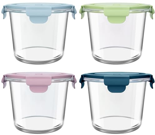 UHAPEER 710ml/23oz Glass Food Storage Containers, Airtight Leakproof Silicone Glass Soup Containers with Lids, Round Glass Food Containers & Kitchen Meal Prep Bowls, Freezer & Microwave Safe - 4 Pack