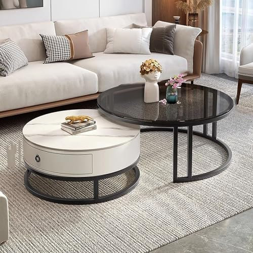 Couchtisch 2er Set mit goldenem Metallrahmen, Klarglasplatte, industrielle runde Beistelltische für Wohnzimmer, Schlafzimmer, Büro, moderne Beistelltische für Wohnungsdekoration