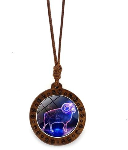 Widder-Sternzeichen-Anhänger-Halskette Für Frauen Und Männer – 12 Sternbilder, Zeit-Edelstein, Glas-Holz-Anhänger, Vintage-Wachsseil-Halskette, Horoskop, Himmlischer Astrologie-Schmuck, Widder,