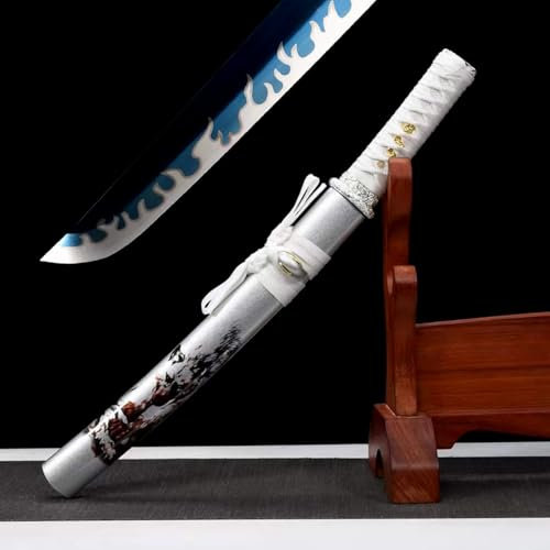 55cm Handgefertigtes Samurai Schwert mit Naturholz Saya,gebläute Klinge aus Manganstahl mit handgeschliffenen Flammenlinien,Wakizashi Kurzes Katana für Dekoration,Geschenke,Cosplay,Sammeln,Ausstellen