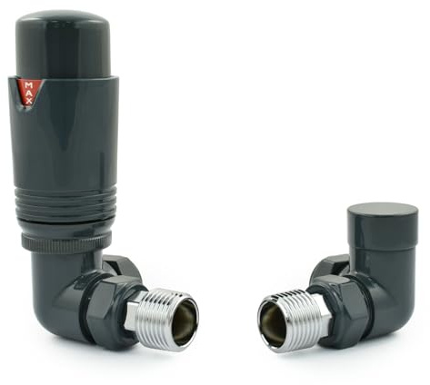 Hot Flow All-Anthracite Estuary Corner TRV - Valvola termostatica per radiatore (coppia) incl. alloggiamento TRV angolare, testa a rotella e rosetta di bloccaggio per una regolazione rapida e semplice