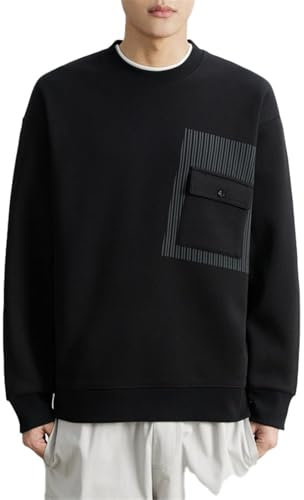 Seiizaa Sudadera de Felpa Holgada de Estilo Coreano con Cuello Redondo y Bordado de otoño e Invierno para Hombre-Black-L