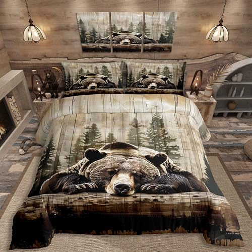Feelyou Grizzly Bear Comforter Set Twin Size, Wild Animal Hunting Quilt Set with 1 Pillowcases, Western Cabin Bedding Set 2pcs for Kids Boys Teens Room Decor, Rustic Country Farmhouse Duvet Insert