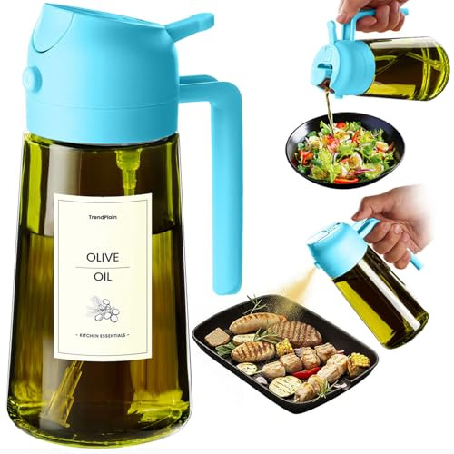 TrendPlain 16oz Ölsprüher für Speiseöl – 470ml Olivenöl Flasche – 2-in-1 Ölspender und Ölsprüher – Küchen Gadgets für Kochen, Salat und Grill (Himmelblau-2)