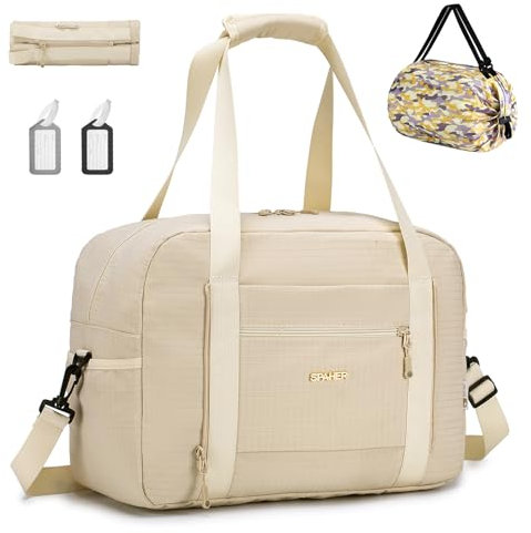 SPAHER Handgepäck Tasche Faltbare Reisetasche 40x30x20 für Wizzair Vueling Sporttasche Groß Weekender Damen Herren Gym Bag Tasche wasserdichte Duffle Bag Hand Luggage Fitness Bag Beige