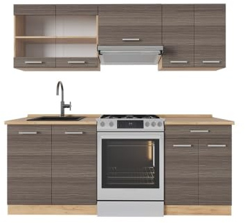 Vicco Küchenzeile R-Line, Edelgrau/Goldkraft Eiche, 200 cm