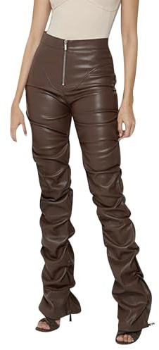 Pantalon en cuir pour femme, pantalon froncé en similicuir taille basse skinny en cuir PU empilé leggings collants fête fille streetwear mode petit pantalon femme jambe courte, café, S