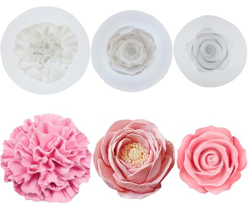 pekifaves 3 Stück Blumen Kerzen Silikonformen, Rosen Nelke Pfingstrose 3D | Silicone Kerzenform, Silikonformen Gießformen Kerzen Kleine Blumen, DIY Herstellung, Gebäck