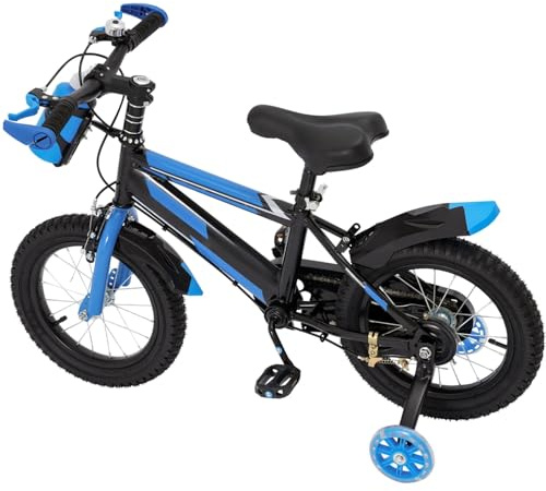 WSIKGHU Bicicleta infantil de 14 pulgadas para niños y niñas a partir de 3 – 7 años, bicicleta azul actualizada para niños con ruedas estabilizadoras, altura ajustable, bicicletas para niños con