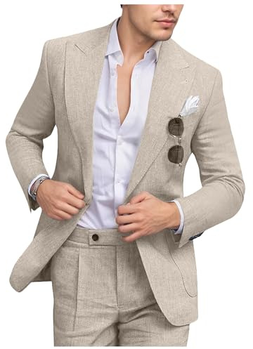 Fesenbo Mens Casual Suits Beige Linen Suit Slim Fit 2 Piece Lightweight Jacket and Dress Pants Set Groomsmen Suit for Wedding L