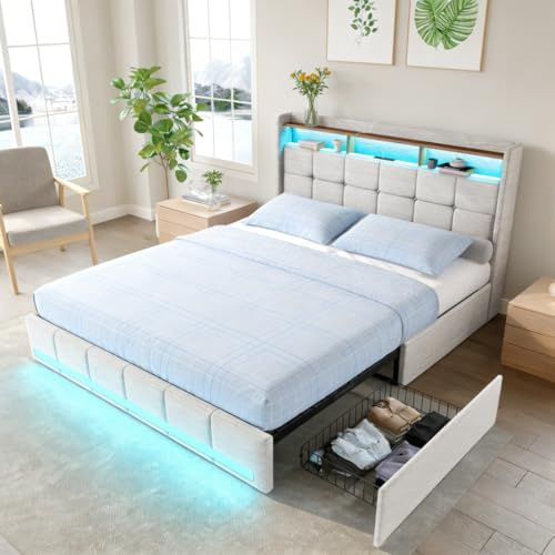 YNYHTER Doppelbett mit Aufbewahrung und LED, gepolstertes Bett mit 140 x 190 cm, 4 Metallschubladen, USB-Ladegerät, ohne Matratze, C Beige