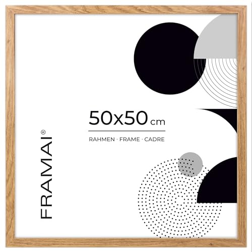FRAMAI® Bilderrahmen 50x50 cm Eichenfarbe, MDF Umweltfreundlichem Rahmen mit Bruchsicheren Plexi, Aufhänger und Aufsteller
