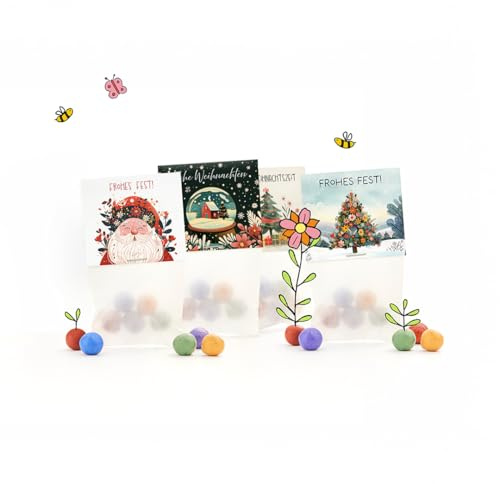 Weihnachts-Geschenkset mit 12 x 5 bunten Blumenmurmeln im Tütchen l 4 verschiedene, liebevoll gestaltete Weihnachtsmotive l Kleine Saatkugeln als Geschenk zu Weihnachten, Advent oder Nikolaus
