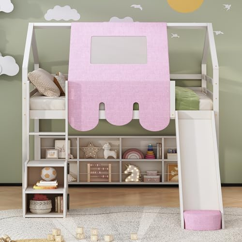 Ball & Cast Full Size House-Shaped Loft Bed with Slide,Ladder,Tent and Storage Shelves,Solid-Wood Loft Bed W/Softy Padding & Car-Shaped Storage Unit,Play House Bed Frame for Girls,Boys,Kids,White+Pink