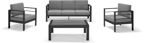 Set da giardino GARDENIA in alluminio, un divano 2 o 3 posti + 2 poltrone con cuscini sfoderabili + tavolino, per verande, giardini, terrazze (Grigio, Tavolo + 2 Poltrone Singole + 1 Divano 3 Posti)