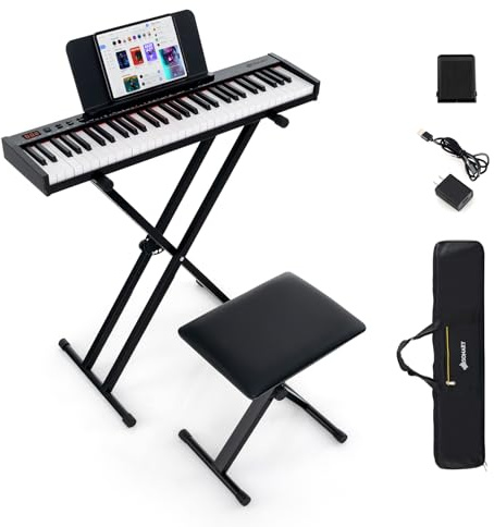 GOPLUS E-Keyboard mit 61 Tasten, Digitalpiano für Anfänger mit verstellbarem Ständer und Hocker, halbgewichteten Tasten, kabelloser MIDI-Audiofunktion, Notenständer & Sustain-Pedal, Schwarz