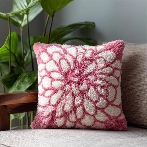 Diy Knüpfkissen Zum Selber Knüpfen Set, Rosa Dahlie Mit Grünen Blättern,43X43Cm Knüpfhaken-Set Kissenbezug Knüpfteppiche Set Kissen Knüpfen Latch Hook Kit Handgemachte Geschenke Für Kinder U