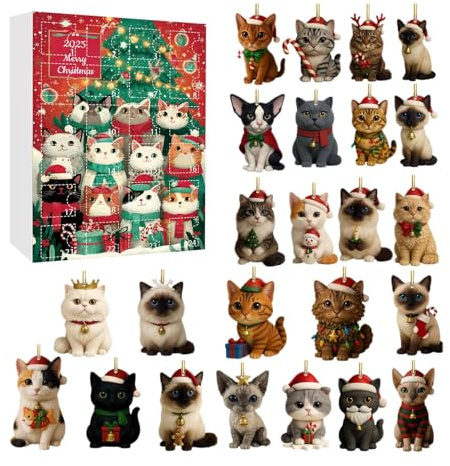 Calendario 'avvento 2025 con gatti, 24 giorni, calendario natalizio per conto alla rovescia con ciondolo in acrilico 2D a forma di, decorazioni da appendere per albero di Natale