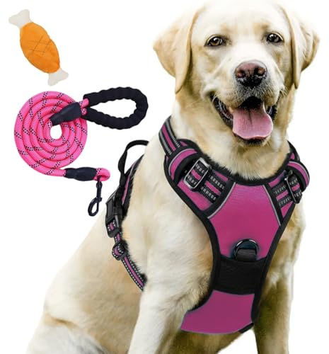 Stoviglie anti-tiraggio, senza pull, per cani di piccole dimensioni, traspiranti e imbottite, con manico a strisce riflettenti, controllo regolabile (L: 17,5 – 22,5 kg, rosso rosa + corda)
